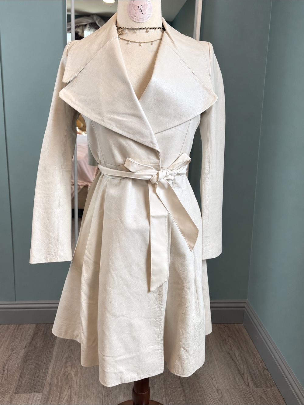 VERO MODA Ivory Genuine Pigskin Leather Belted Long Trench Coat XS Y2K